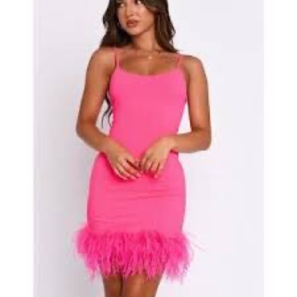 White Fox Boutique Vibrant Pink Feather Mini Dress